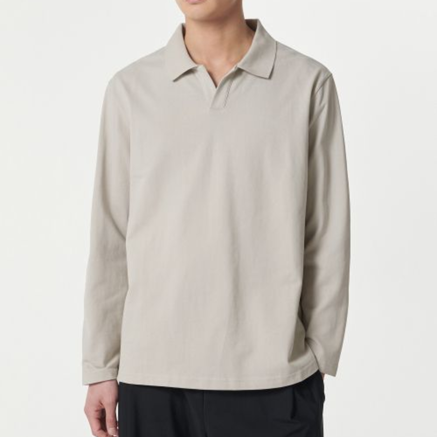 Slit Neck Long Sleeve Piqué Polo Shirt [Mushroom]