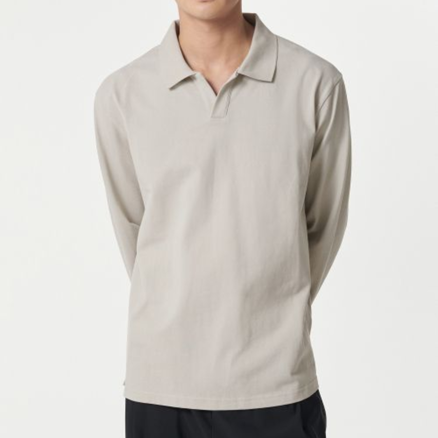 Slit Neck Long Sleeve Piqué Polo Shirt [Mushroom]
