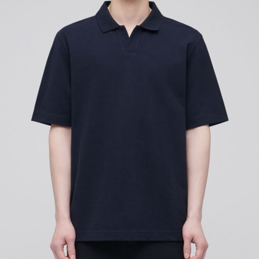 Slit Neck Piqué Polo Shirt [Navy]