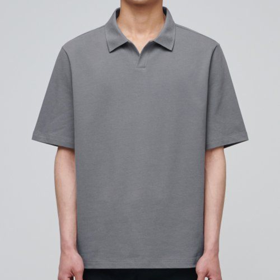 Slit Neck Piqué Polo Shirt [Grey]