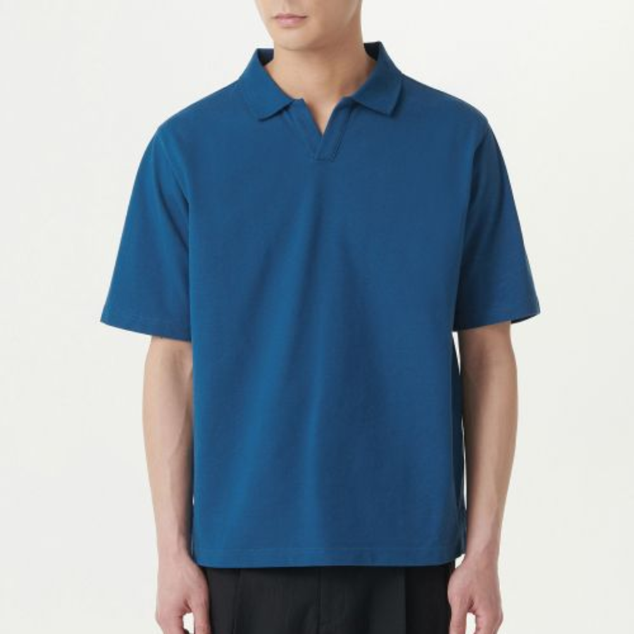 Slit Neck Piqué Polo Shirt [Classic Blue]