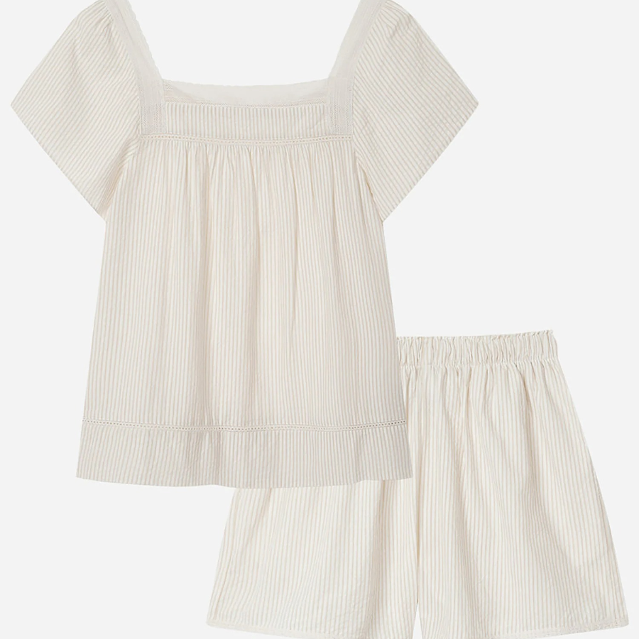 JAJU Seersucker Shirring Short-Sleeve Pajama Set (Light Beige) — лёгкость и комфорт в жаркие дни