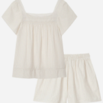 JAJU Seersucker Shirring Short-Sleeve Pajama Set (Light Beige) — лёгкость и комфорт в жаркие дни