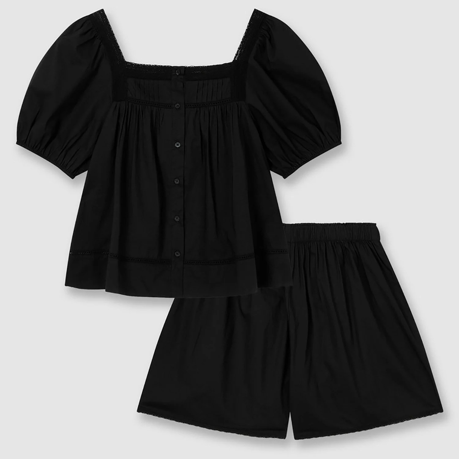 JAJU Eyelet Short-Sleeve Pajama Set (Black) — лёгкость и утончённость для домашнего уюта