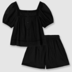 JAJU Eyelet Short-Sleeve Pajama Set (Black) — лёгкость и утончённость для домашнего уюта