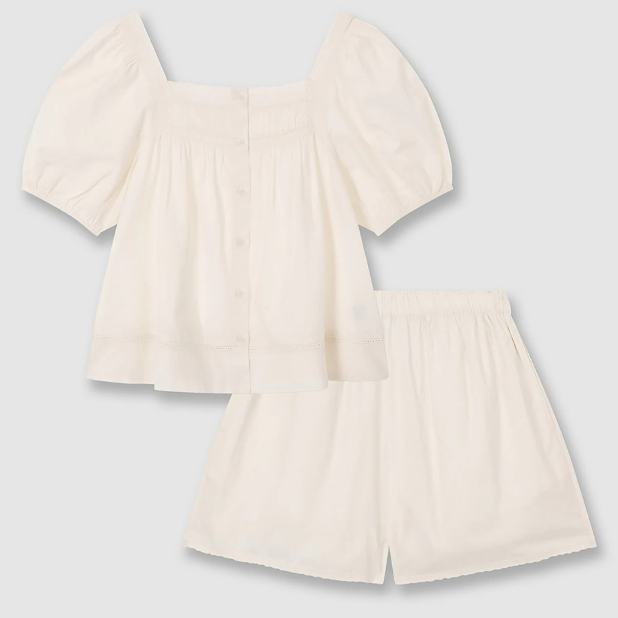 JAJU Eyelet Short-Sleeve Pajama Set (Ivory) — невесомый комфорт и нежный стиль для тёплых дней