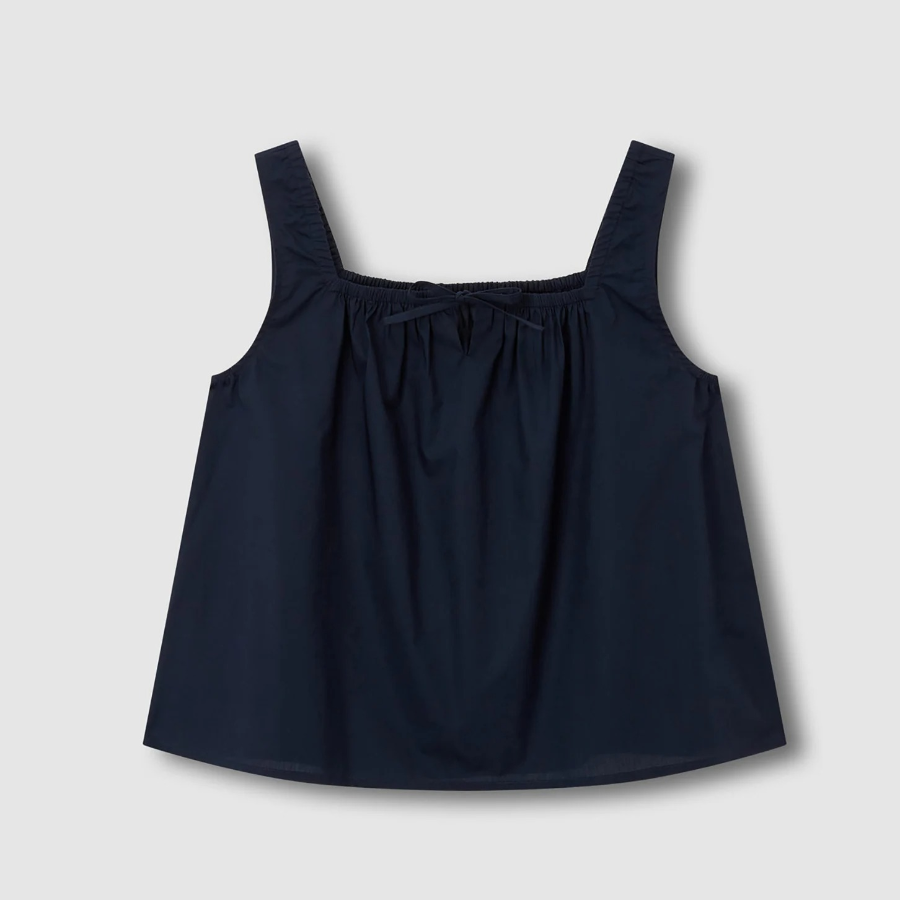 JAJU 60s Cotton Shirred Sleeveless Pajama Shirt (Navy) — лёгкость и комфорт в лаконичном исполнении