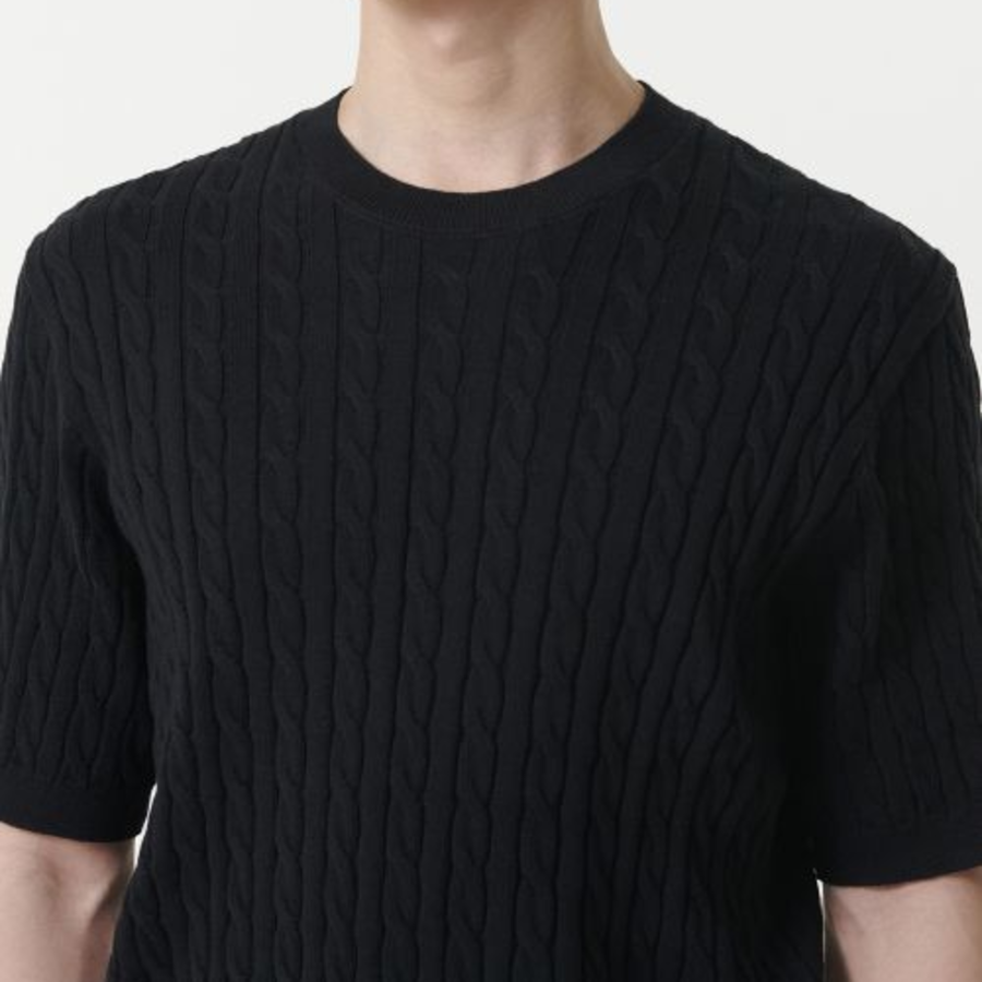 Cable Crew Neck Short Sleeve Knit [Black]