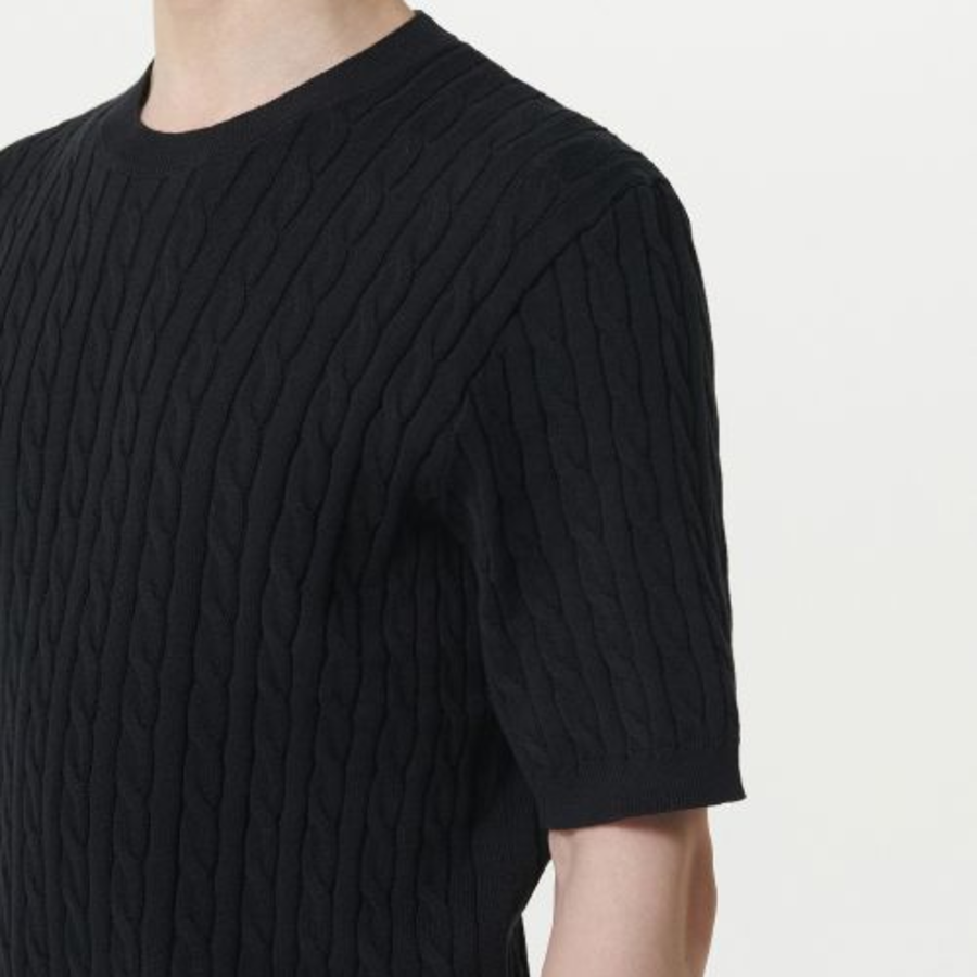 Cable Crew Neck Short Sleeve Knit [Black]