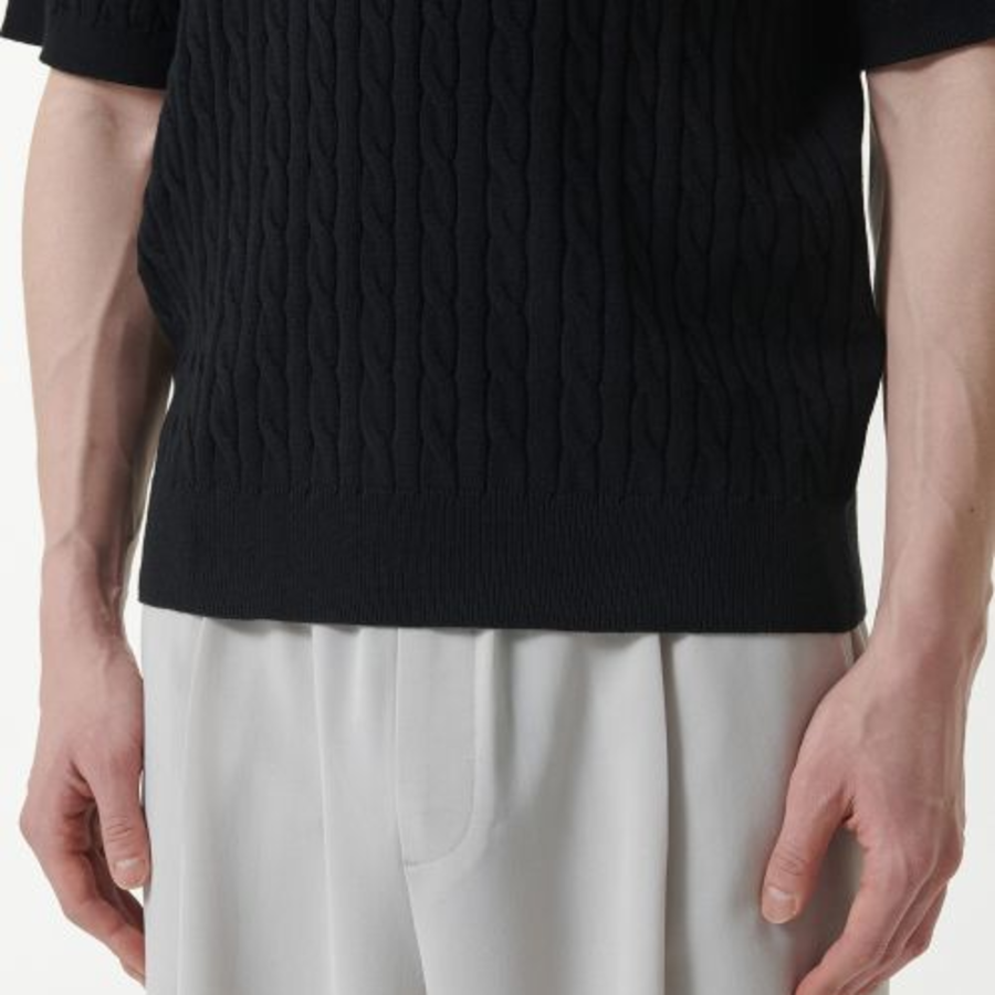 Cable Crew Neck Short Sleeve Knit [Black]
