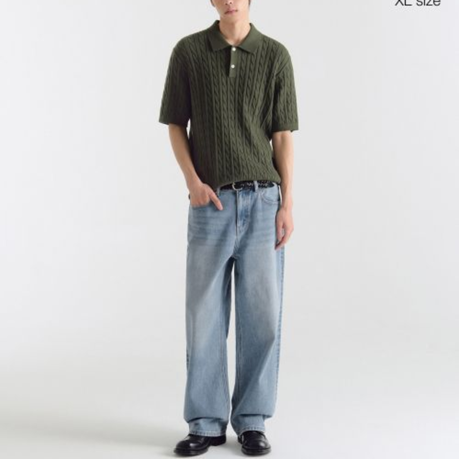 Cable Knitted Polo Shirt [Khaki]