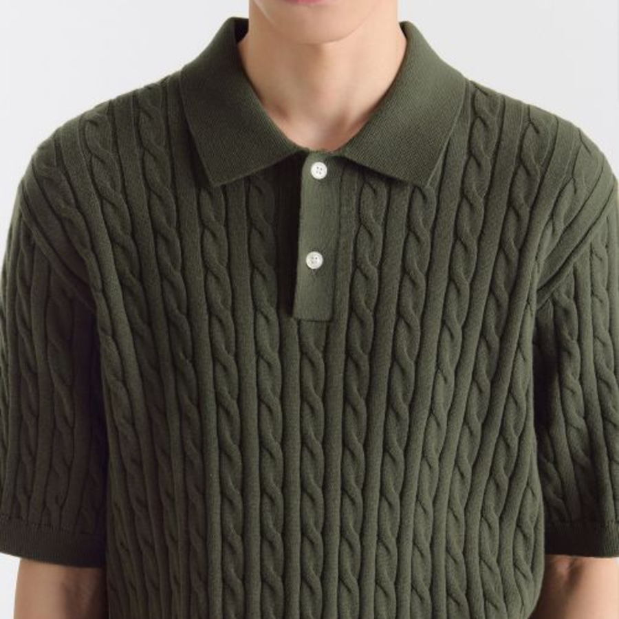 Cable Knitted Polo Shirt [Khaki]