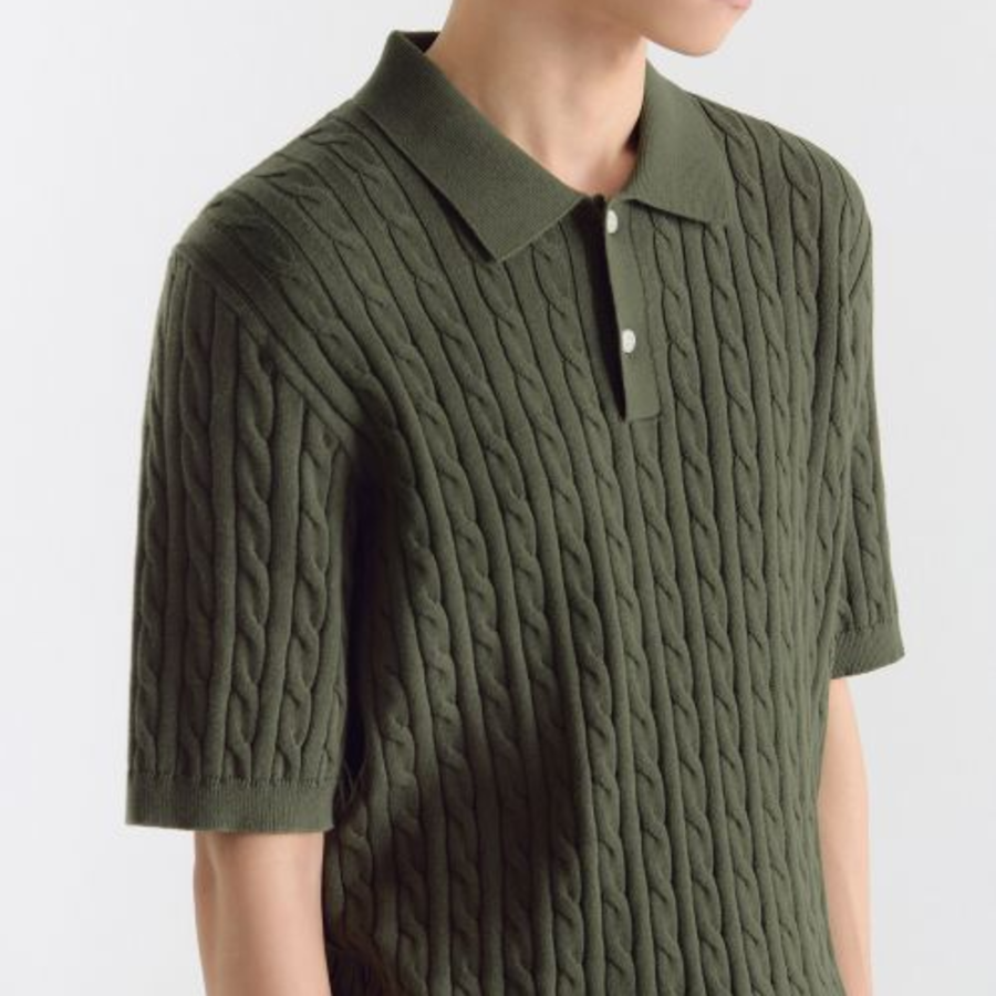 Cable Knitted Polo Shirt [Khaki]