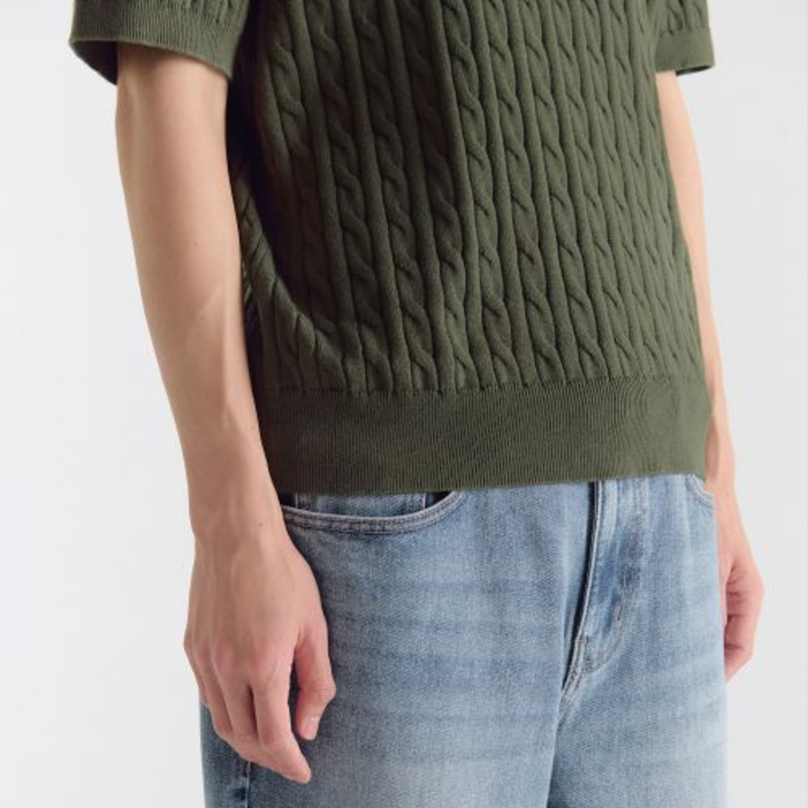 Cable Knitted Polo Shirt [Khaki]