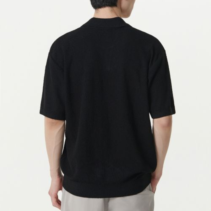 Bouclé Slit Neck Knitted Polo Shirt [Black]