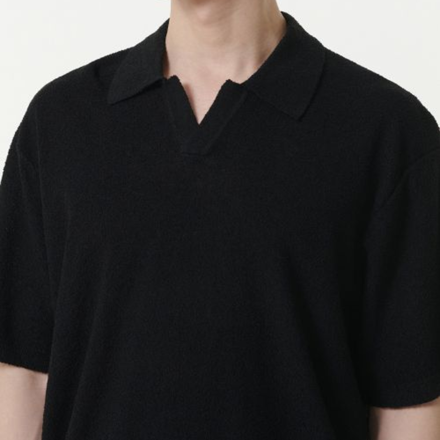 Bouclé Slit Neck Knitted Polo Shirt [Black]
