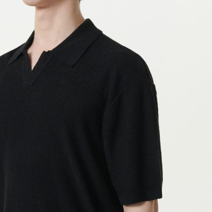 Bouclé Slit Neck Knitted Polo Shirt [Black]