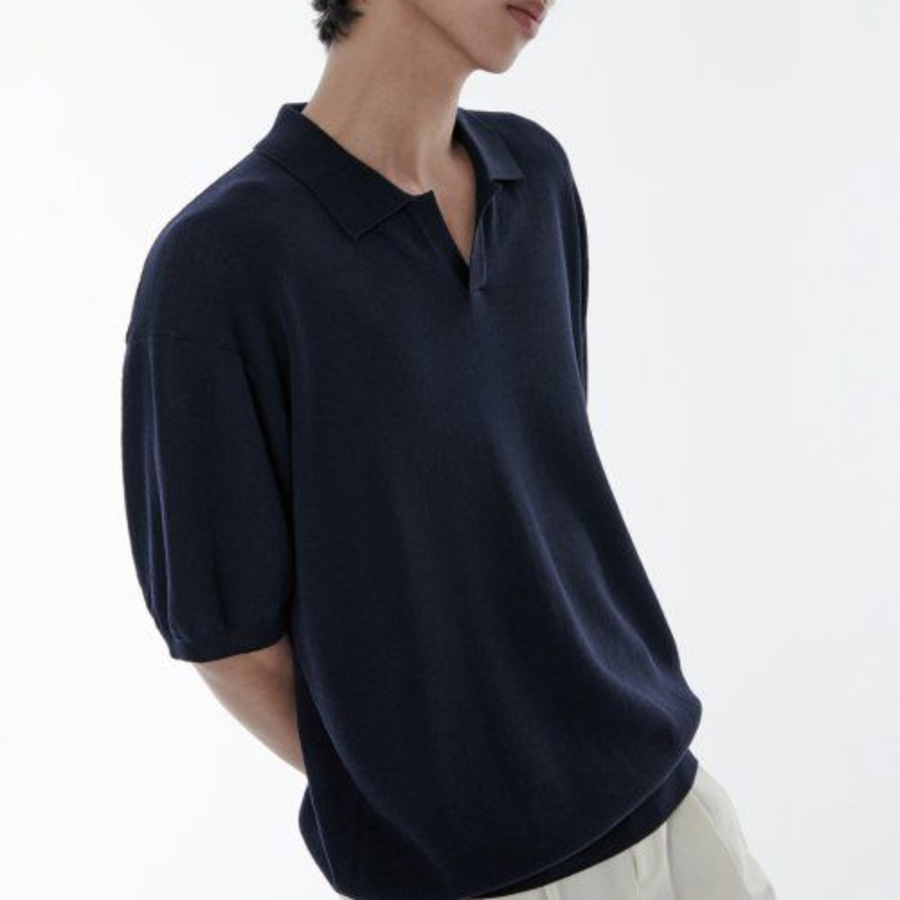 Cool Touch Slit Neck Knitted Polo Shirt [Navy]