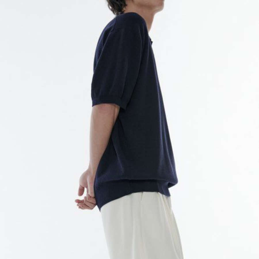 Cool Touch Slit Neck Knitted Polo Shirt [Navy]