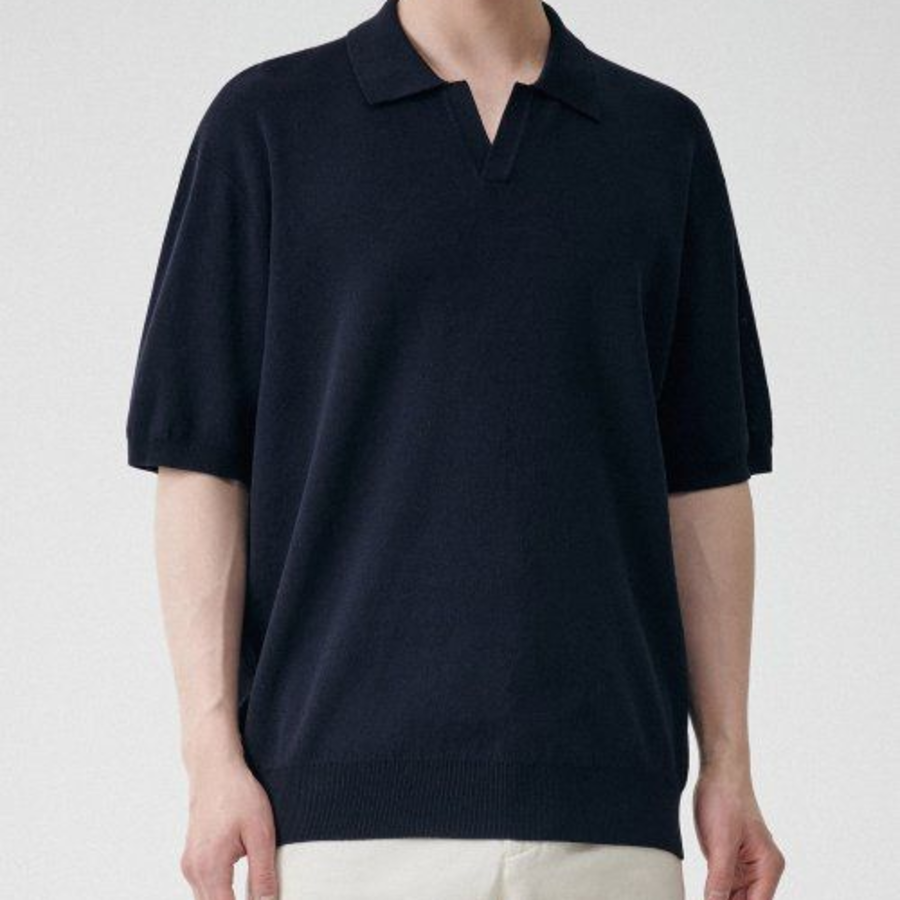 Cool Touch Slit Neck Knitted Polo Shirt [Navy]