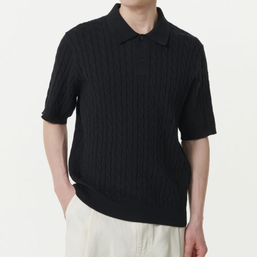 Cable Knitted Polo Shirt [Black]