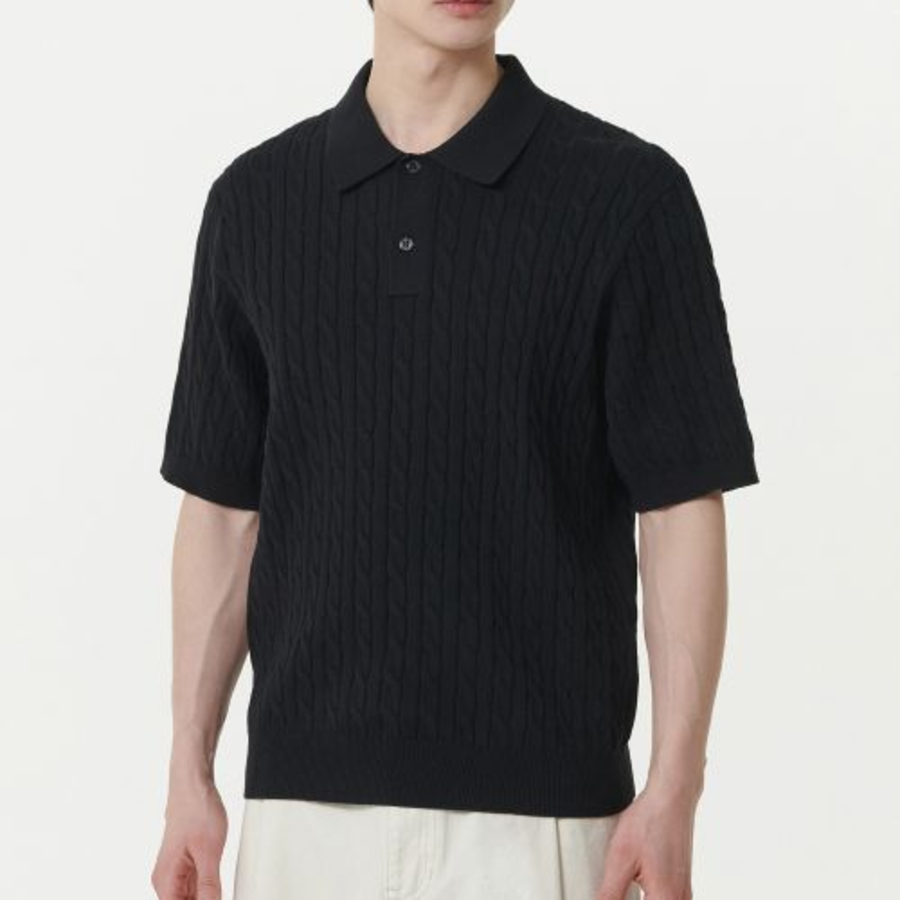 Cable Knitted Polo Shirt [Black]