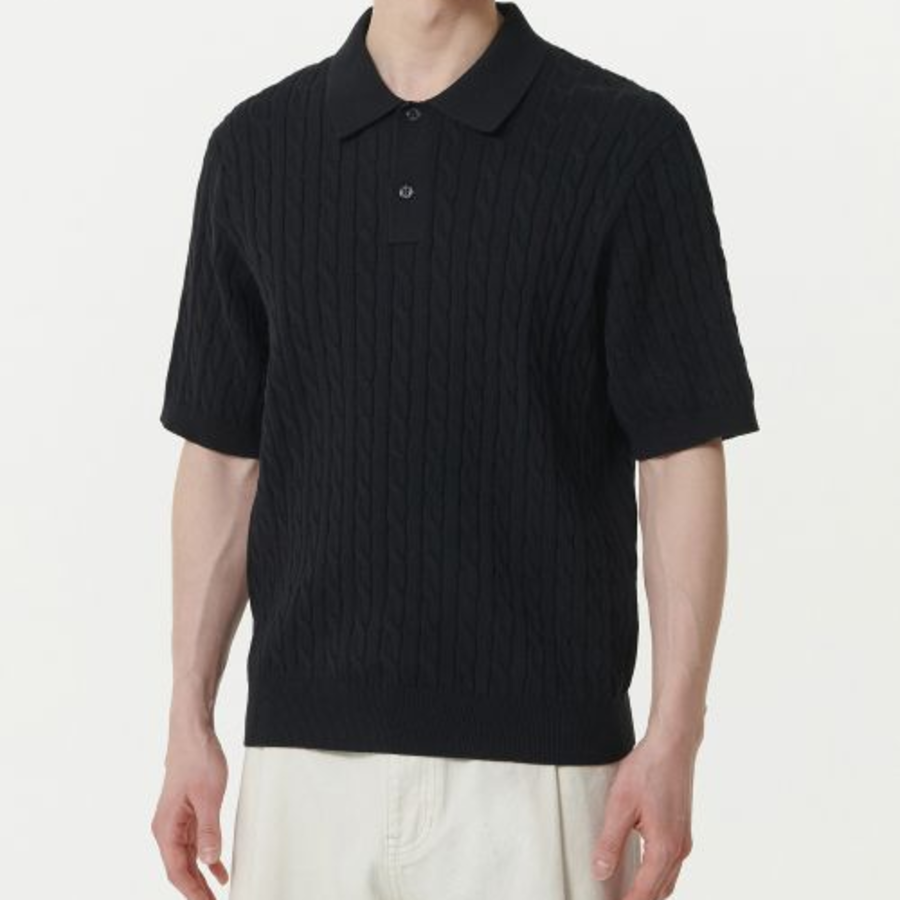 Cable Knitted Polo Shirt [Black]