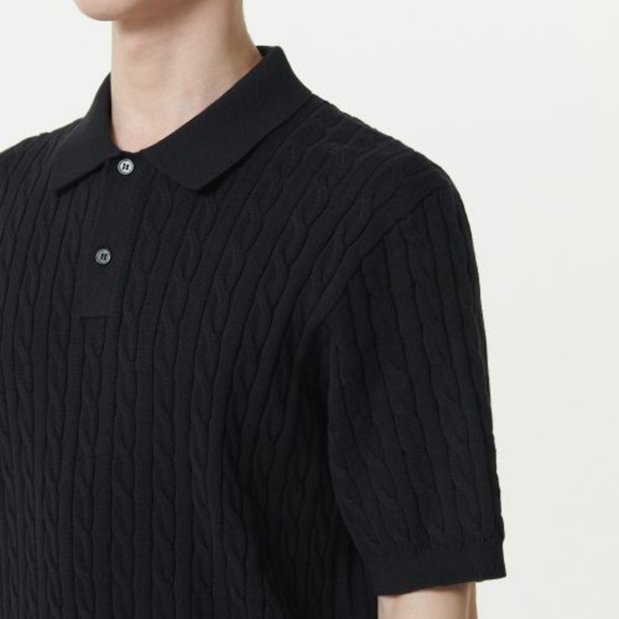Cable Knitted Polo Shirt [Black]