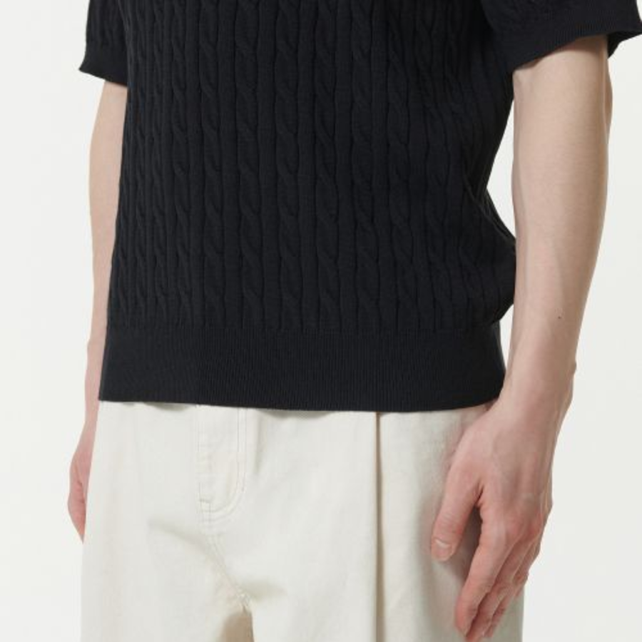 Cable Knitted Polo Shirt [Black]