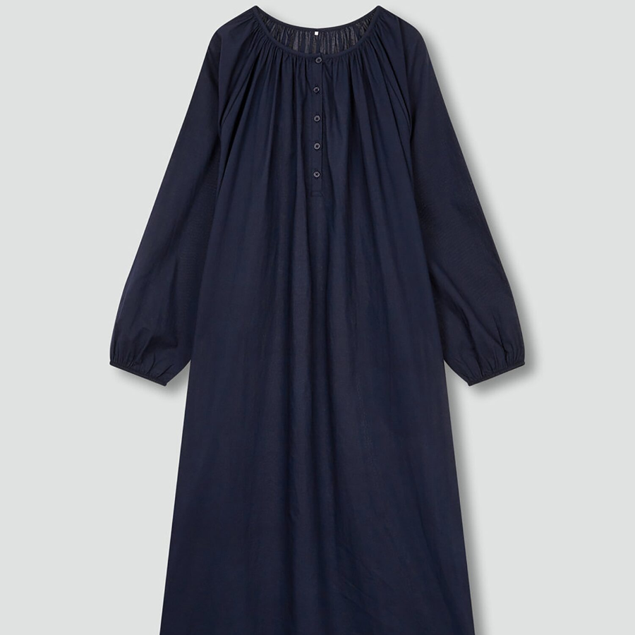JAJU Pure Cotton Long-Sleeve Pajama Dress (Navy) — комфорт и натуральность для домашнего уюта