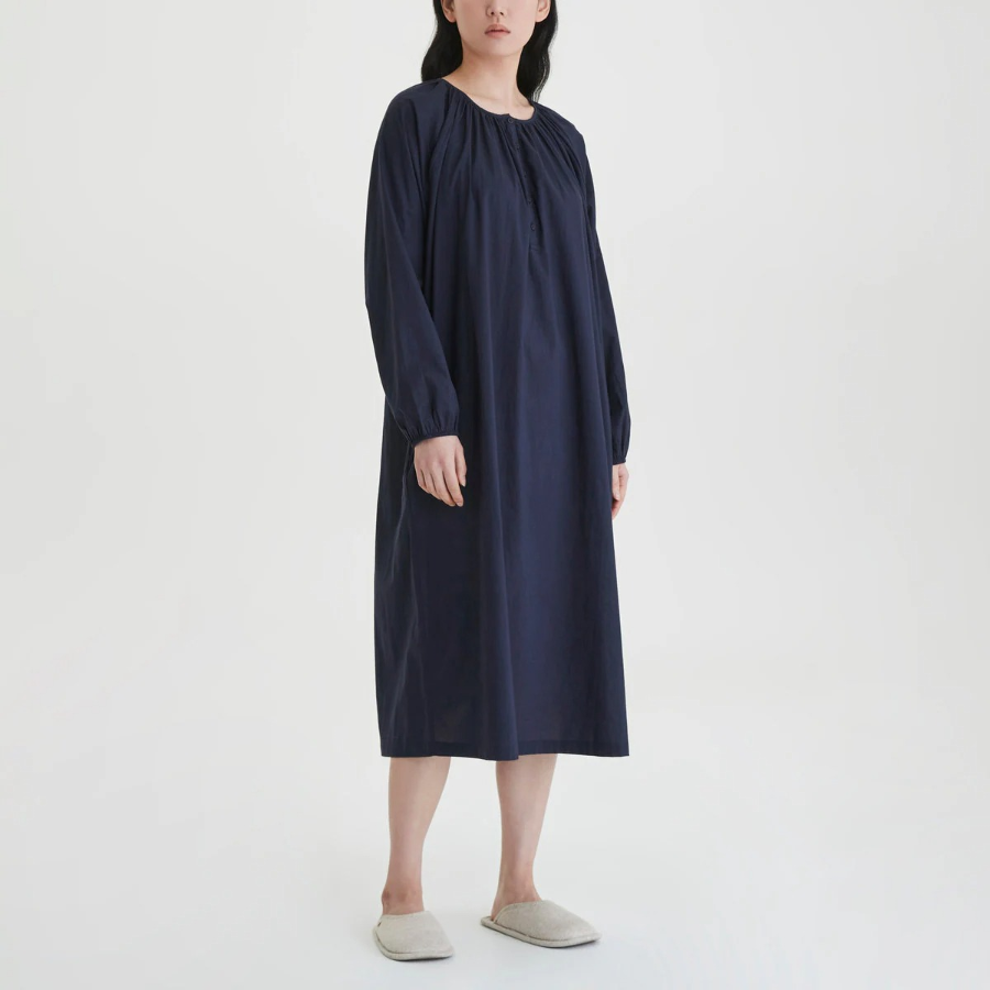 JAJU Pure Cotton Long-Sleeve Pajama Dress (Navy) — комфорт и натуральность для домашнего уюта