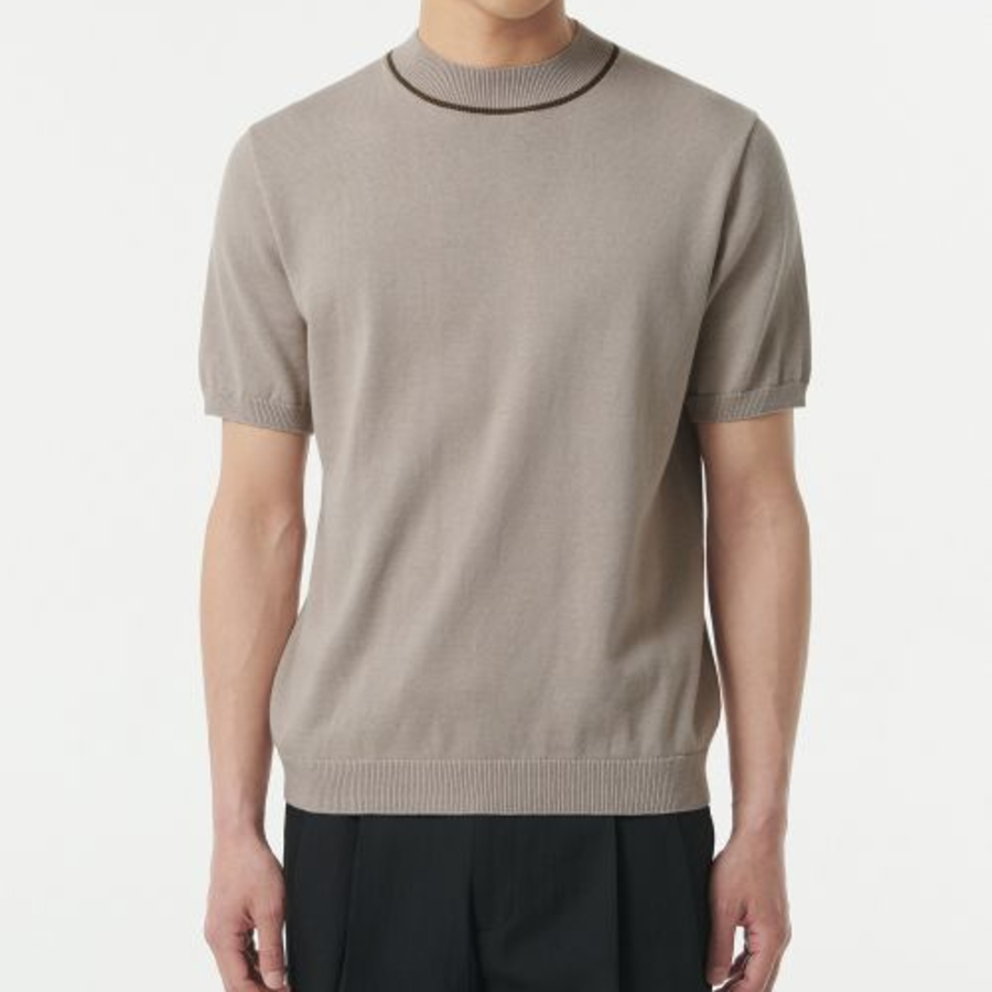 Mock Neck Tipping Short Sleeve Knit [Mushroom]