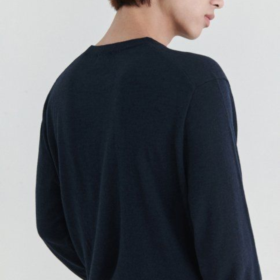 Merino Wool Blend High Gauge Crew Neck Knit [Navy]