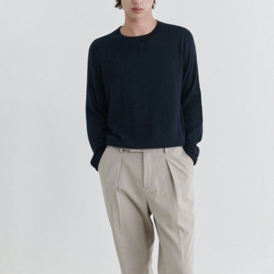 Merino Wool Blend High Gauge Crew Neck Knit [Navy]
