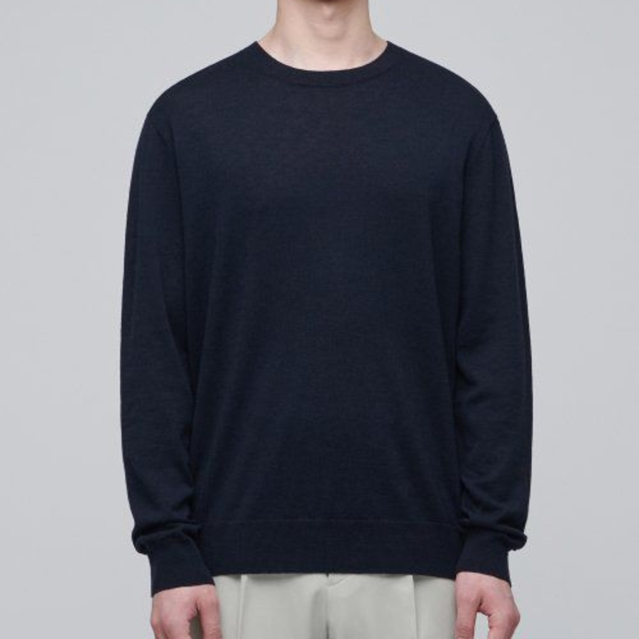 Merino Wool Blend High Gauge Crew Neck Knit [Navy]