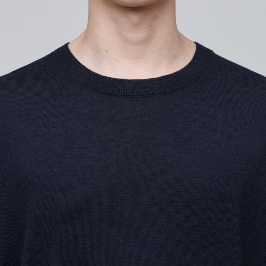 Merino Wool Blend High Gauge Crew Neck Knit [Navy]