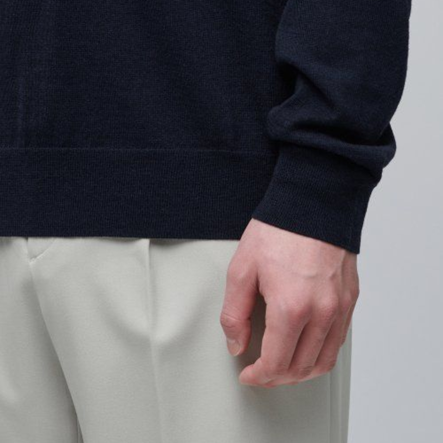 Merino Wool Blend High Gauge Crew Neck Knit [Navy]