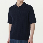 Cable Knitted Polo Shirt [Navy]