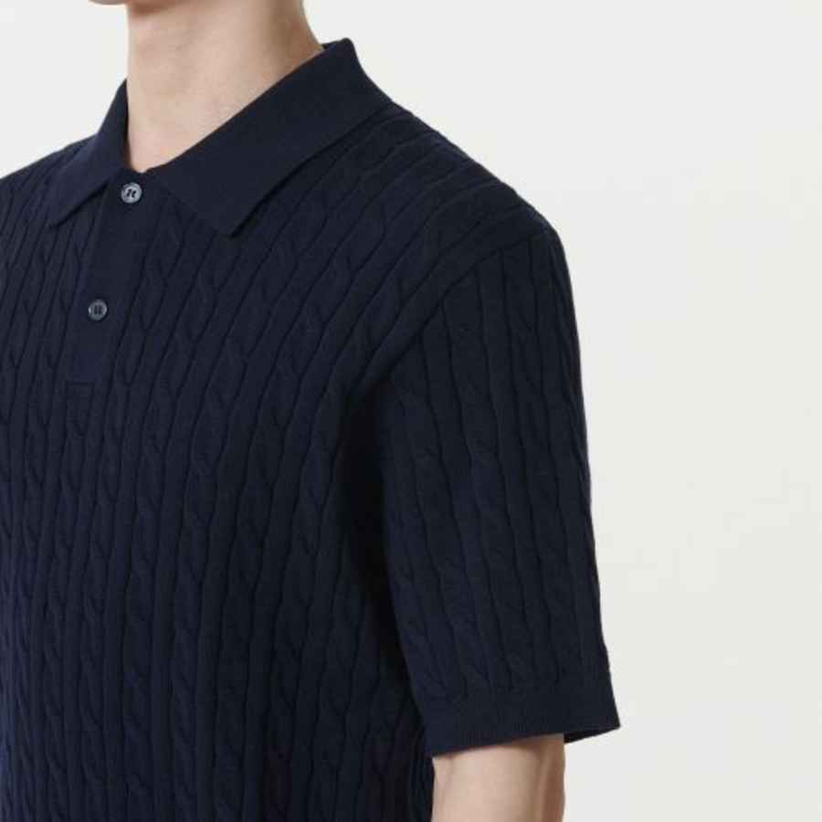 Cable Knitted Polo Shirt [Navy]