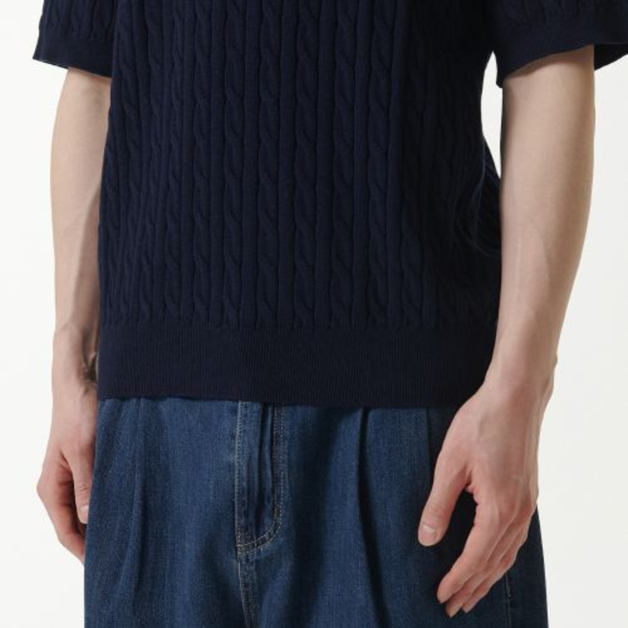 Cable Knitted Polo Shirt [Navy]