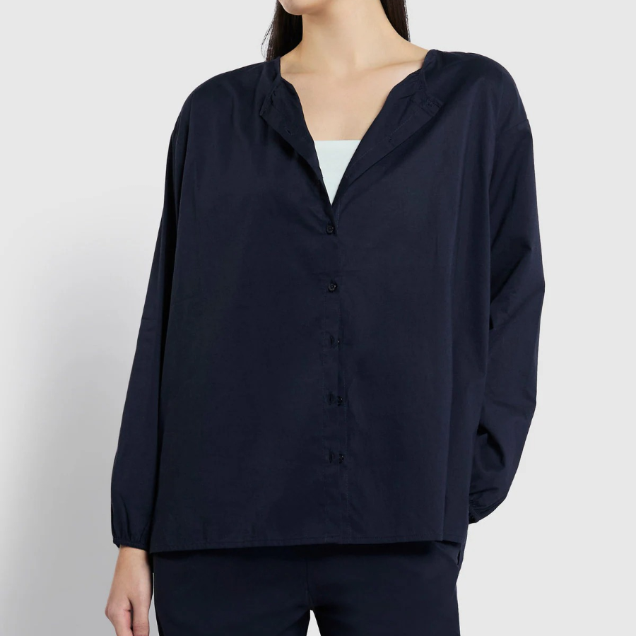 JAJU Pure Cotton Long-Sleeve Pajama Shirt (Navy) — классика уюта из натурального хлопка