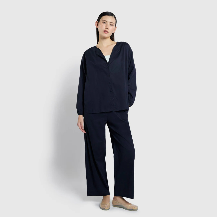 JAJU Pure Cotton Long-Sleeve Pajama Shirt (Navy) — классика уюта из натурального хлопка