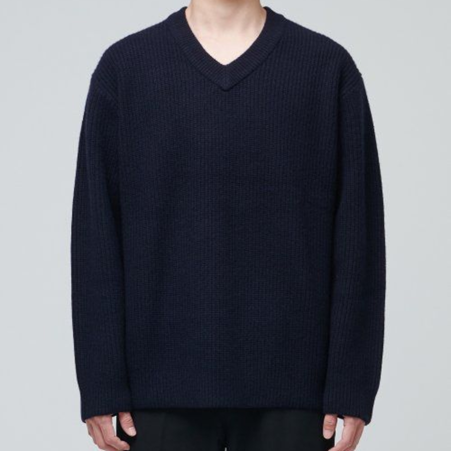 Lambswool Ribbed V-Neck Knit [Navy]