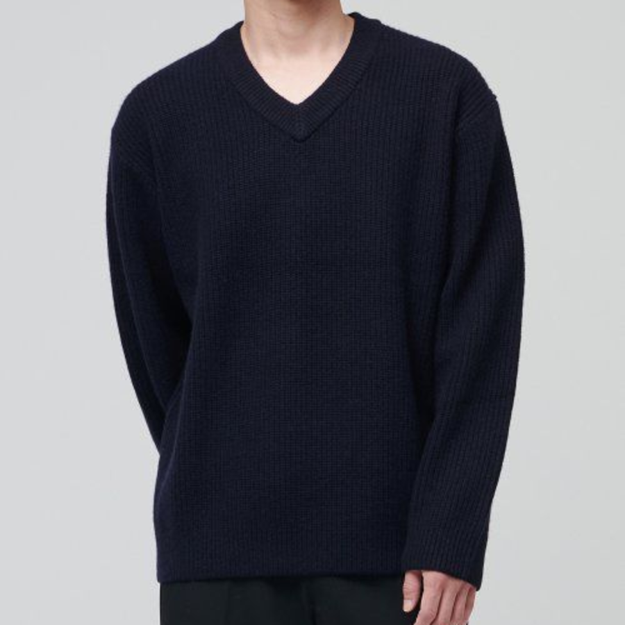 Lambswool Ribbed V-Neck Knit [Navy]