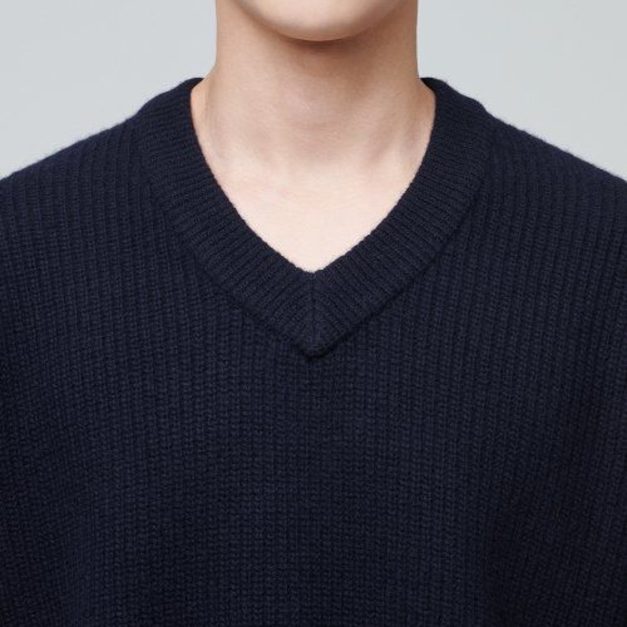 Lambswool Ribbed V-Neck Knit [Navy]