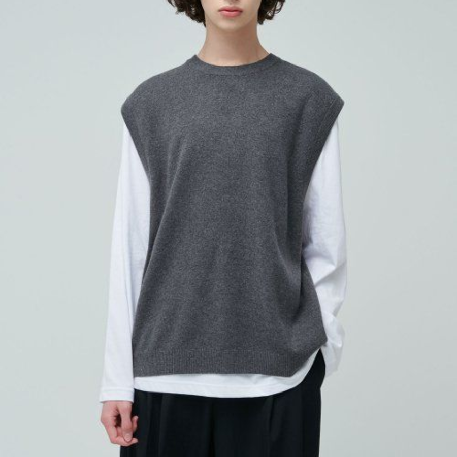 Lambswool Crew Neck Knit Vest [Medium Gray]