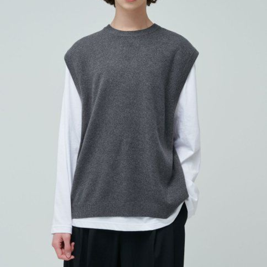 Lambswool Crew Neck Knit Vest [Medium Gray]