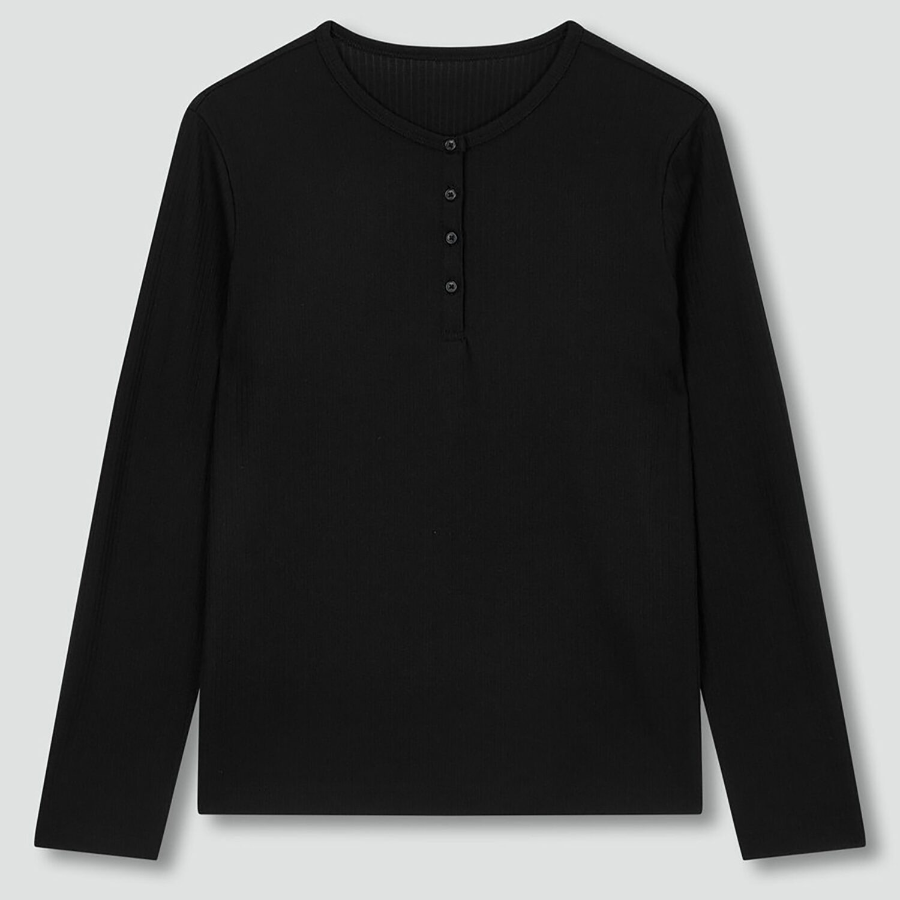 JAJU Soft Rib Henley Neck Lounge T-Shirt (Black) — уют и эластичность для дома и отдыха