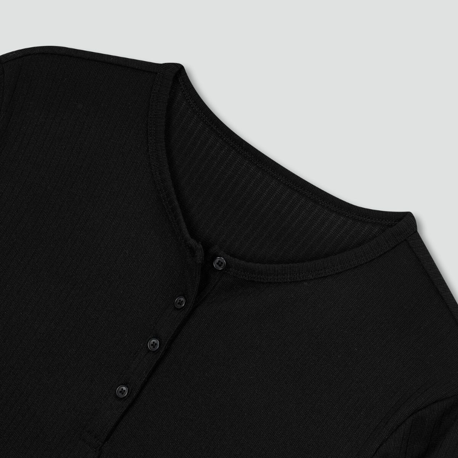 JAJU Soft Rib Henley Neck Lounge T-Shirt (Black) — уют и эластичность для дома и отдыха