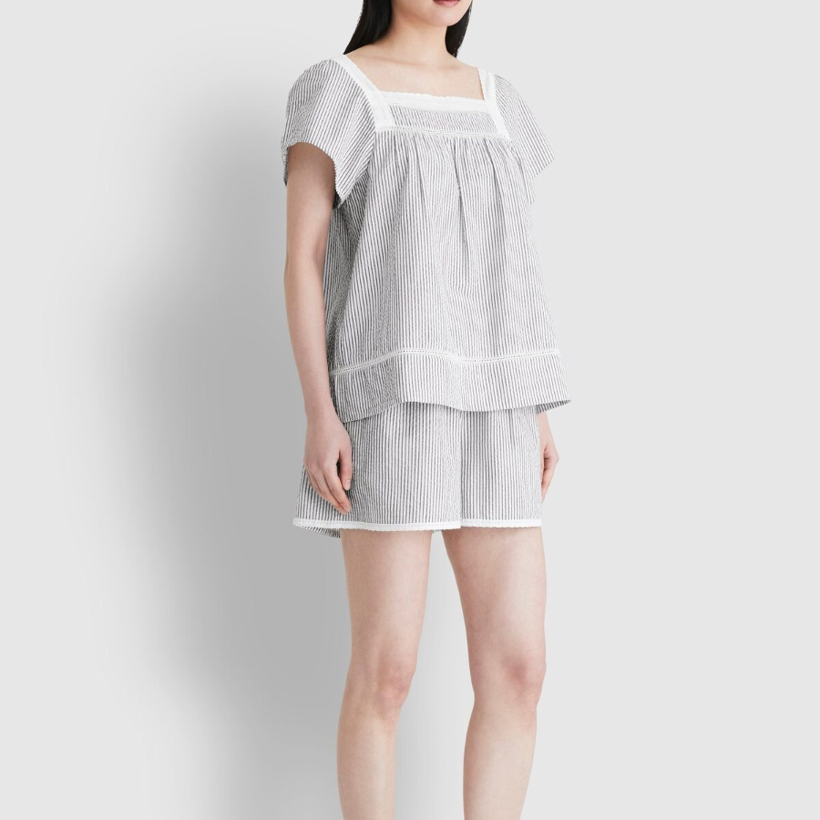 JAJU Seersucker Shirring 3-Length Pajama Shorts (Light Navy) — прохлада, лёгкость и удобство в одном